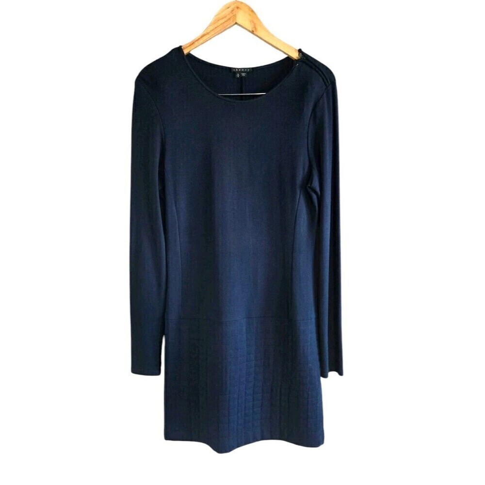 Theory Quilted Dress Women’s Large Navy Quiet Luxury Knee Length Shoulder Zip